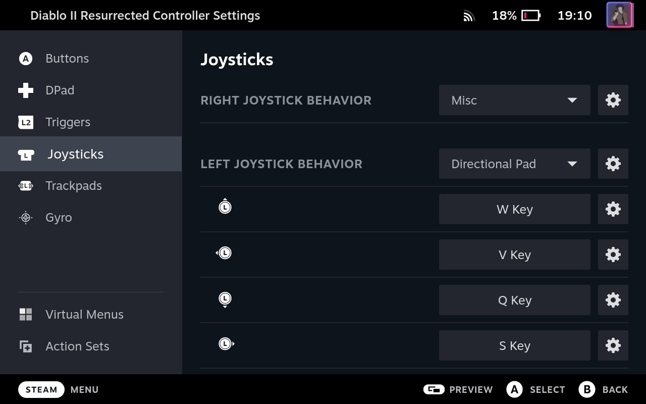 Steam Deck, Steam Input, Controller layout, joysticks