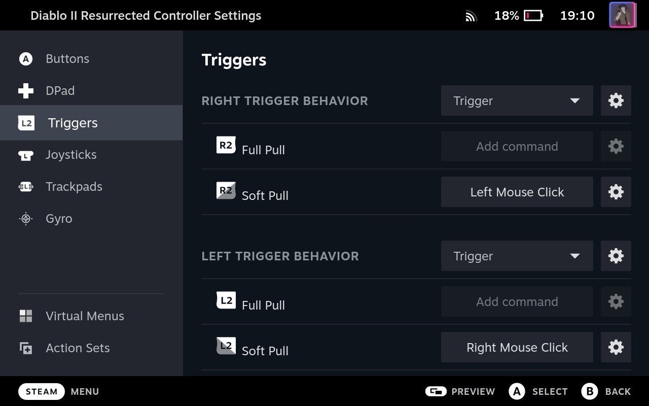 Steam Deck, Steam Input, Controller layout, triggers