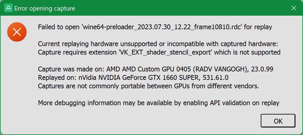 RenderDoc, error opening capture