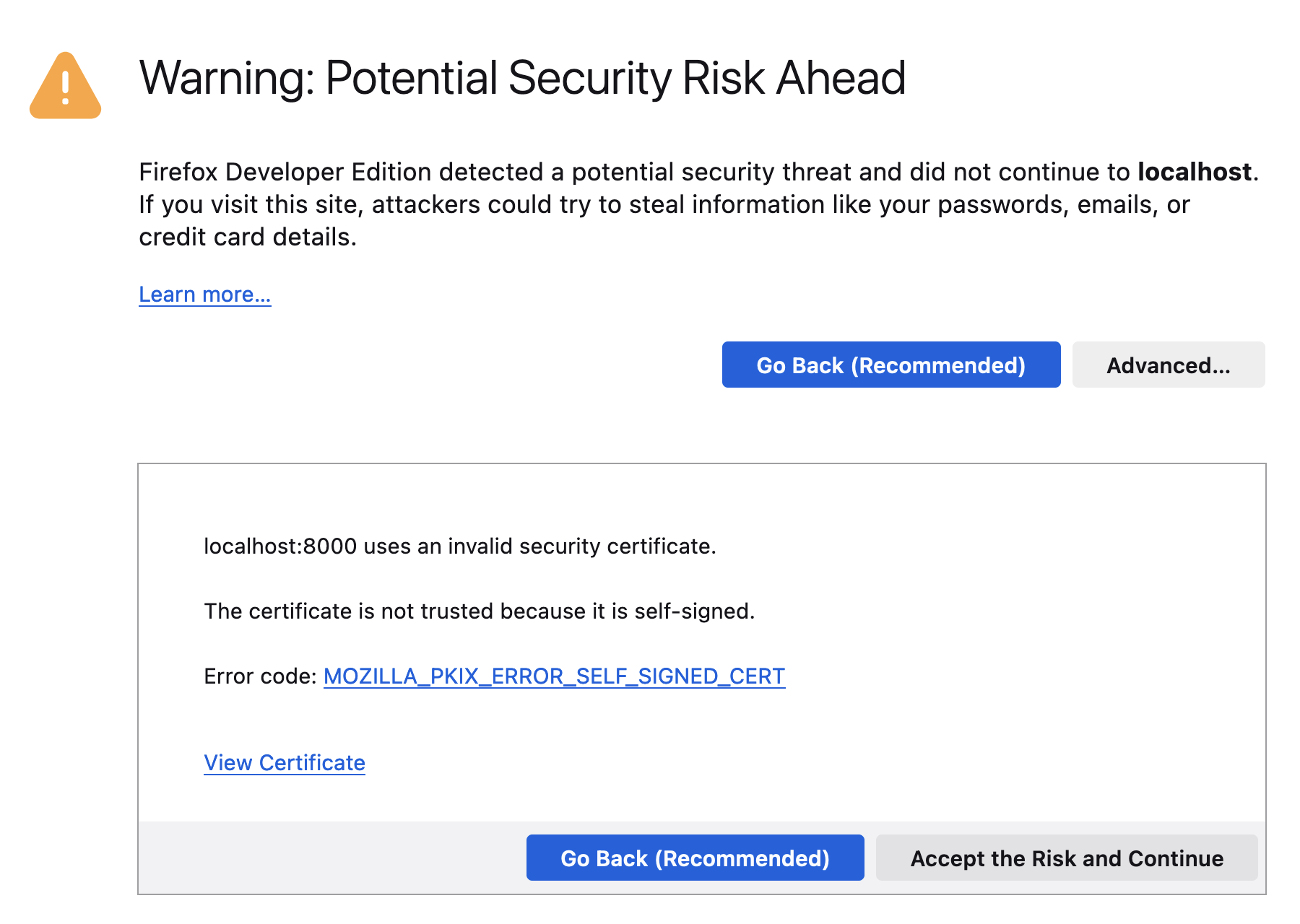 Self-signed certificate for localhost, Firefox warning