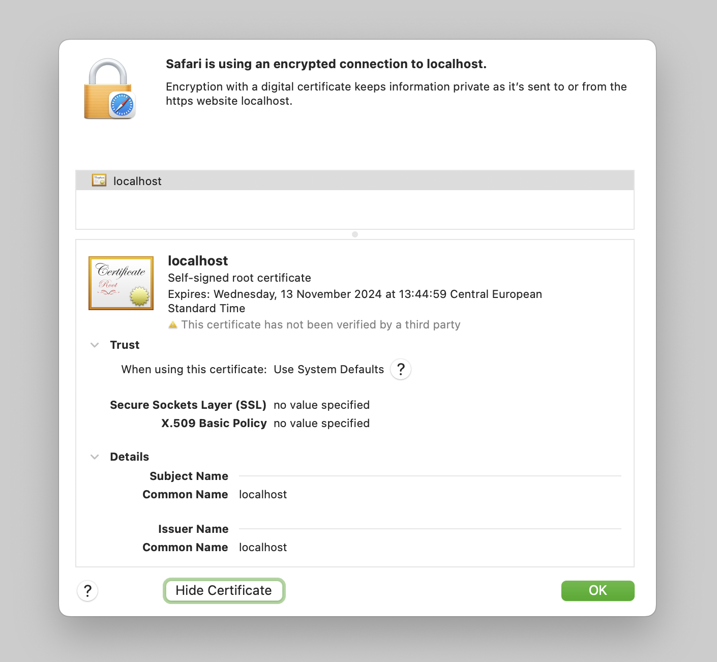 Self-signed certificate for localhost, Safari warning