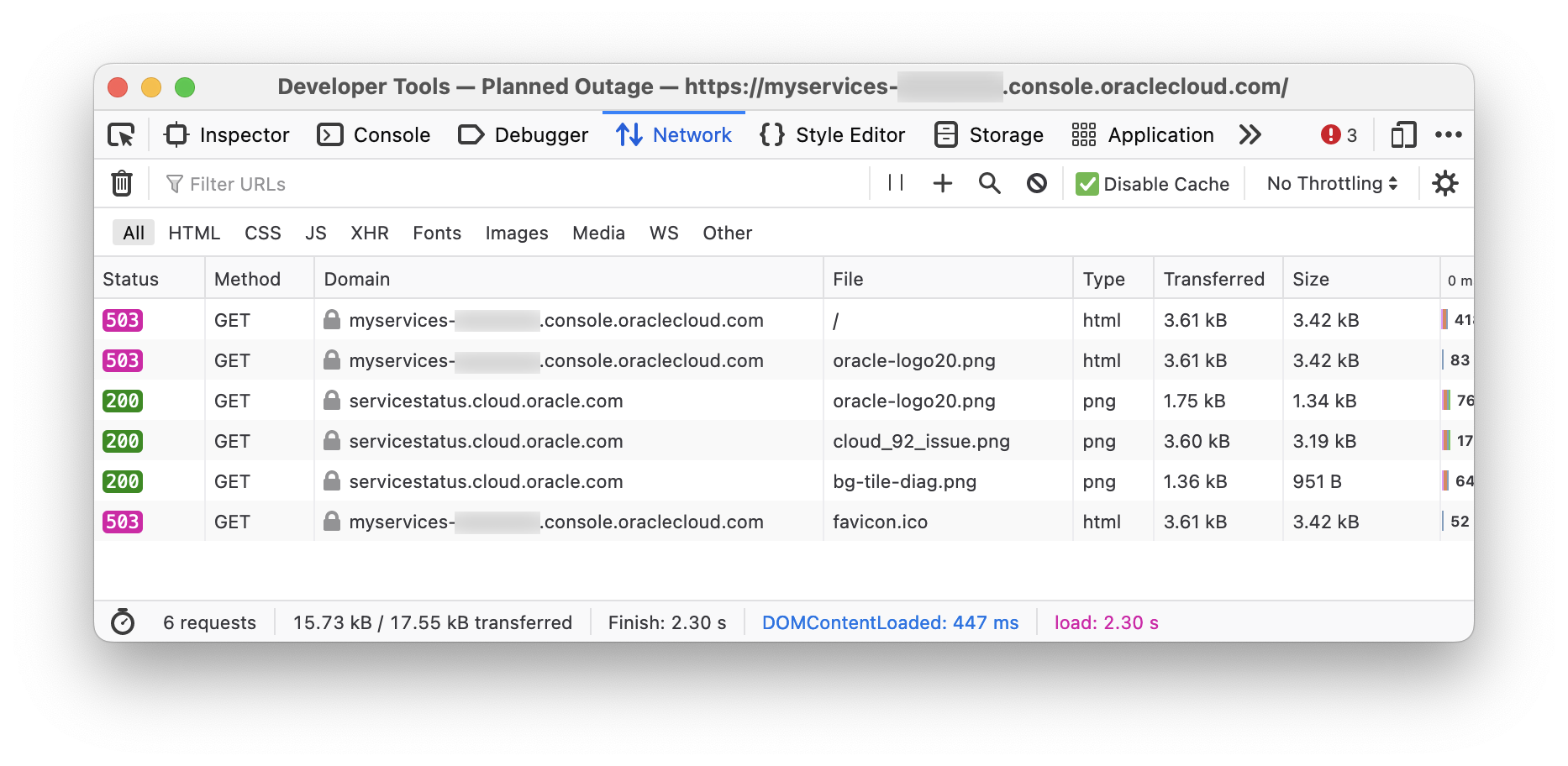 Oracle Cloud, planned outage, 503 HTTP errors