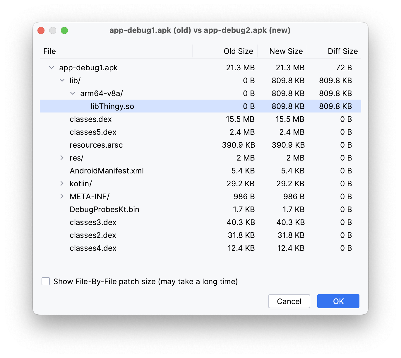 Android Studio, APKs comparison