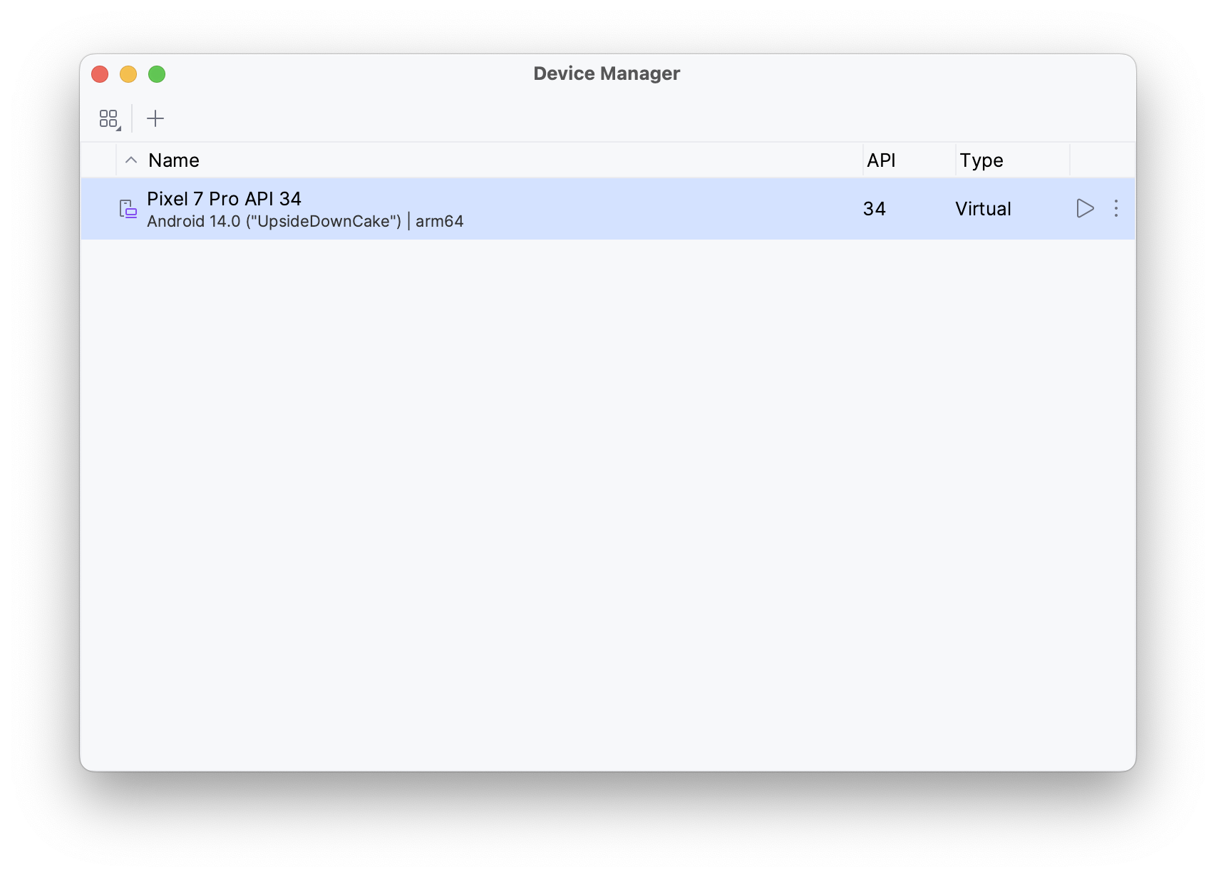 Android Studio, Device Manager, list of devices