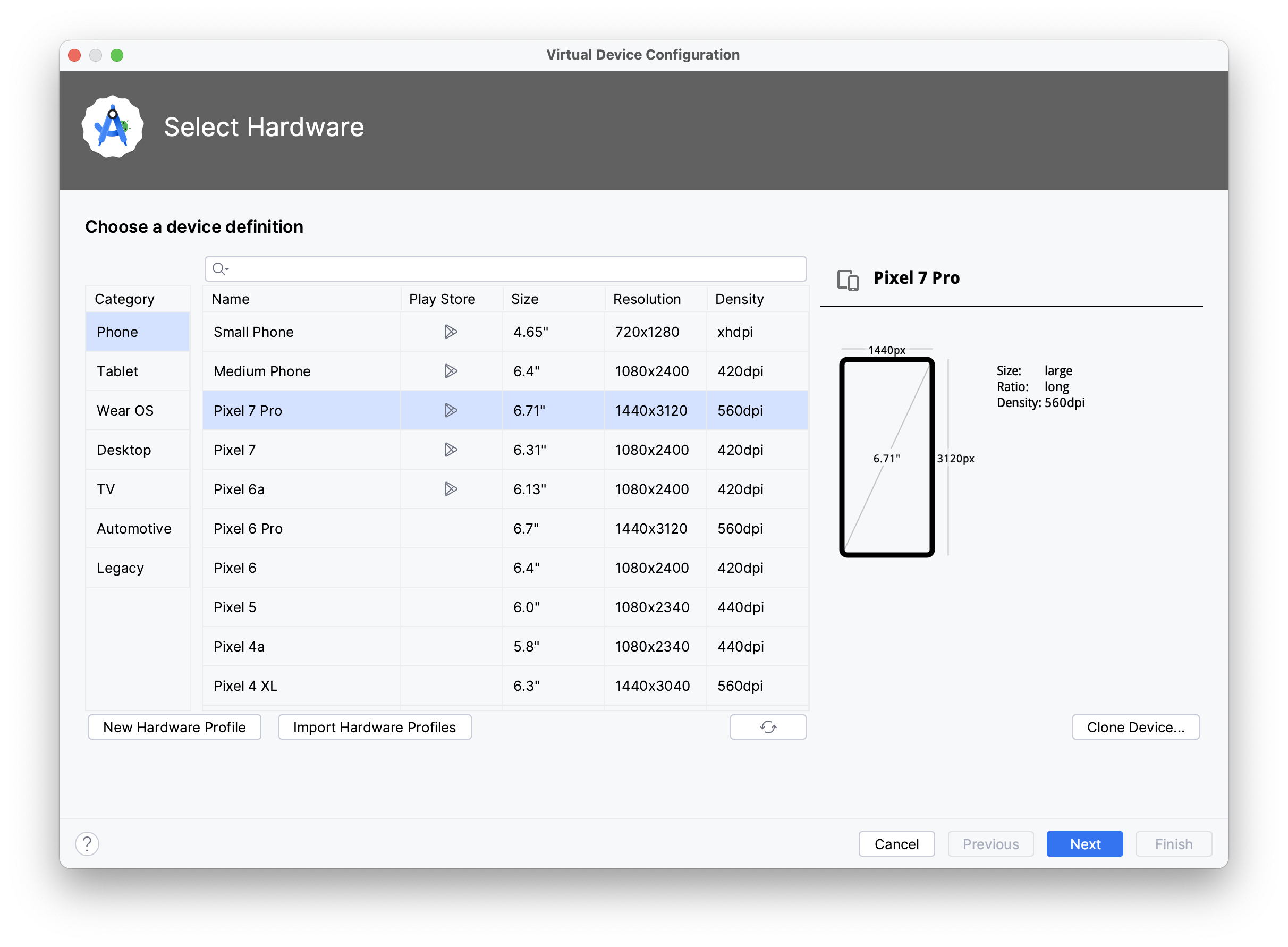 Android Studio, Virtual Device Manager, creating new device