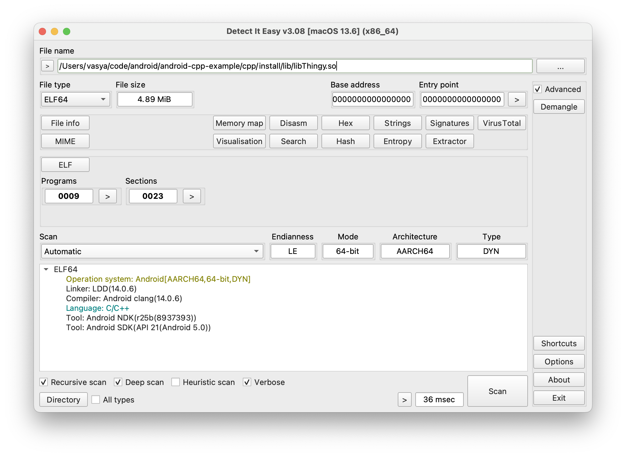 Detect It Easy, Android AARCH64, 64-bit, API 21