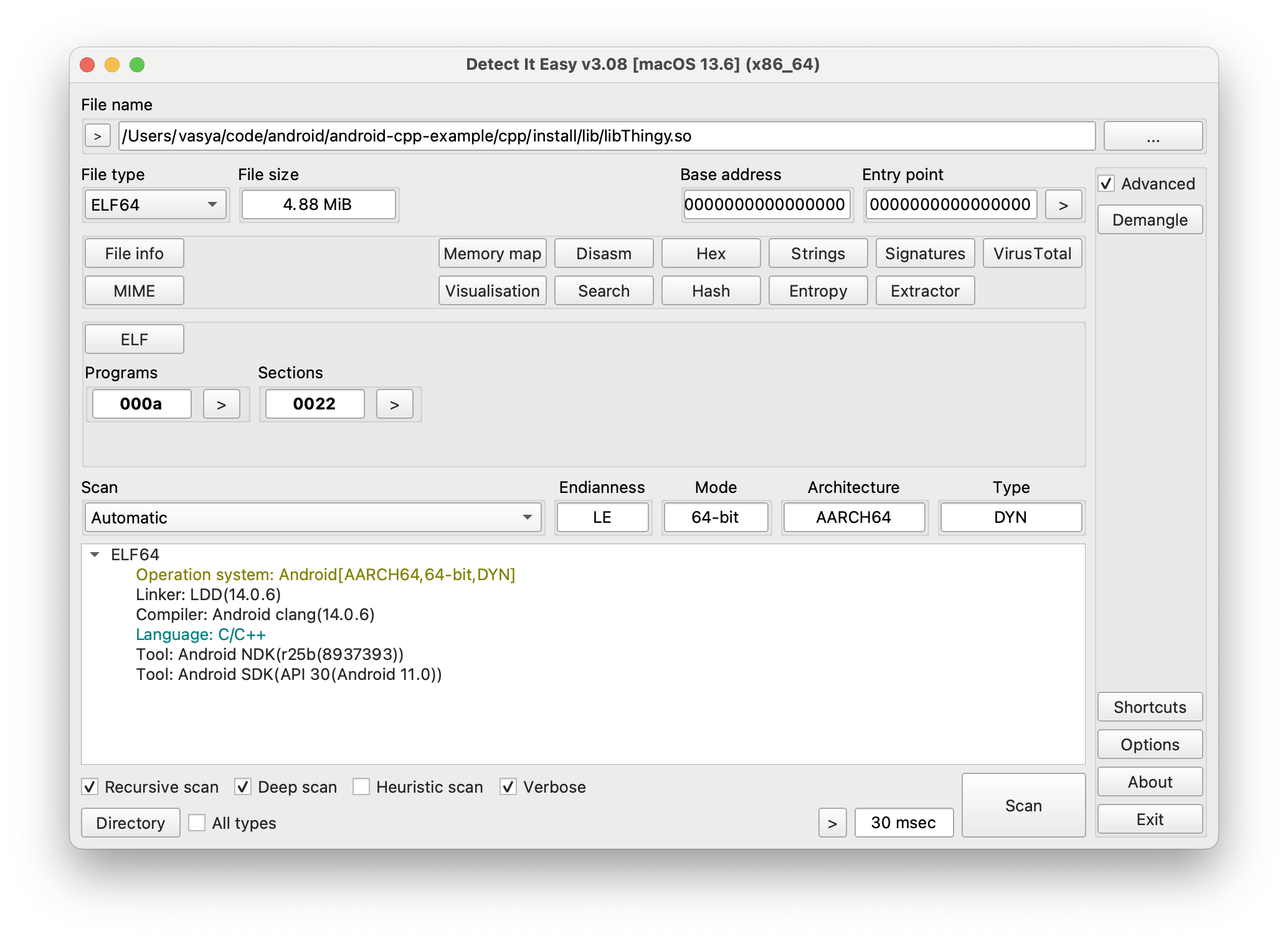 Detect It Easy, Android AARCH64, 64-bit, API 30