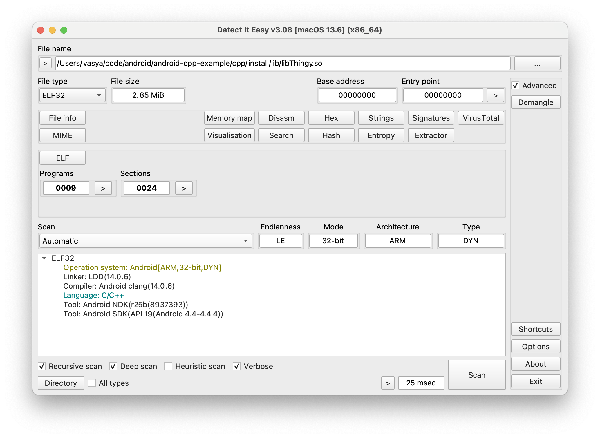 Detect It Easy, Android ARM, 32-bit, API 19