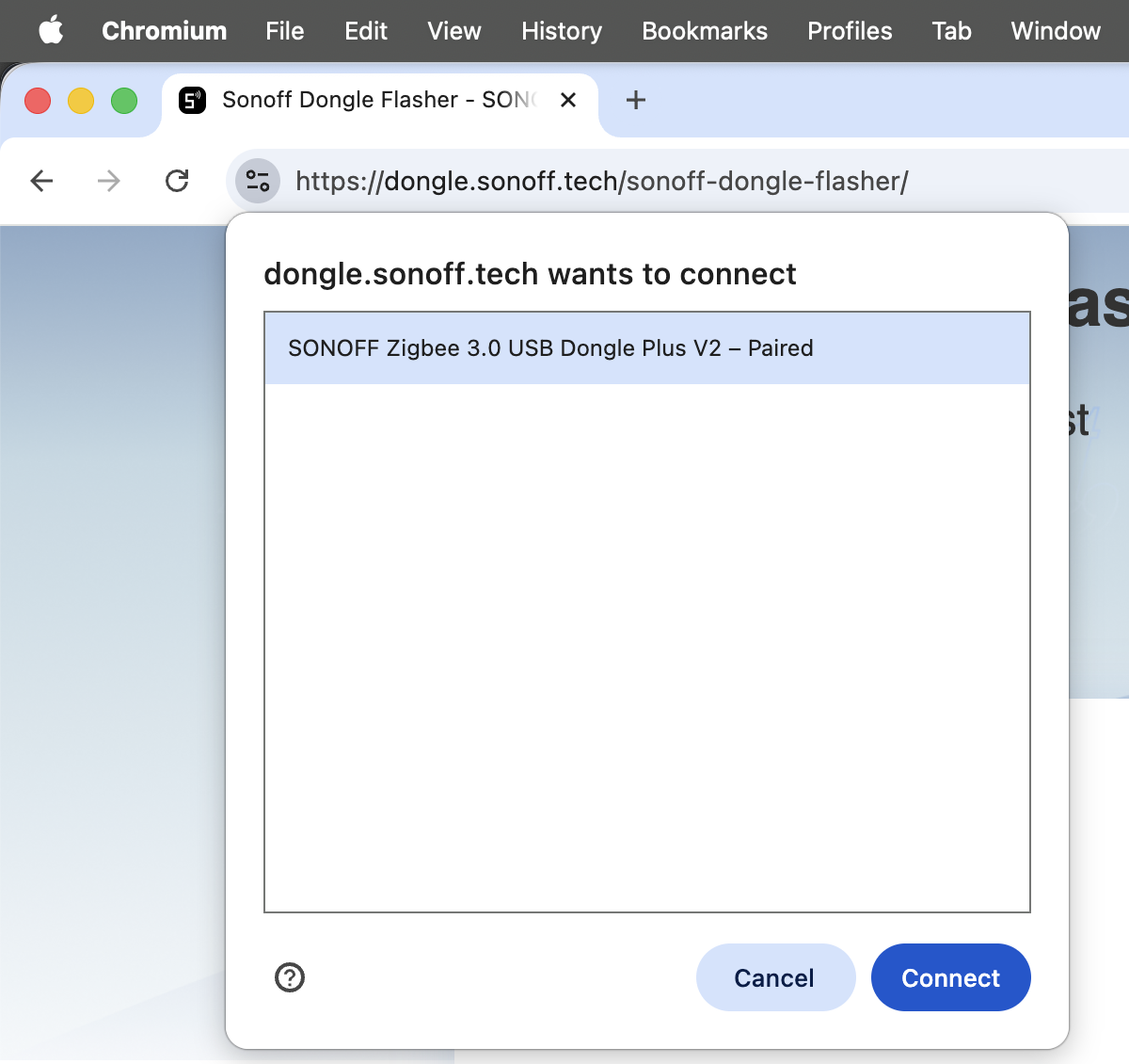 SONOFF Dongle Flasher, prompt for connecting to the device