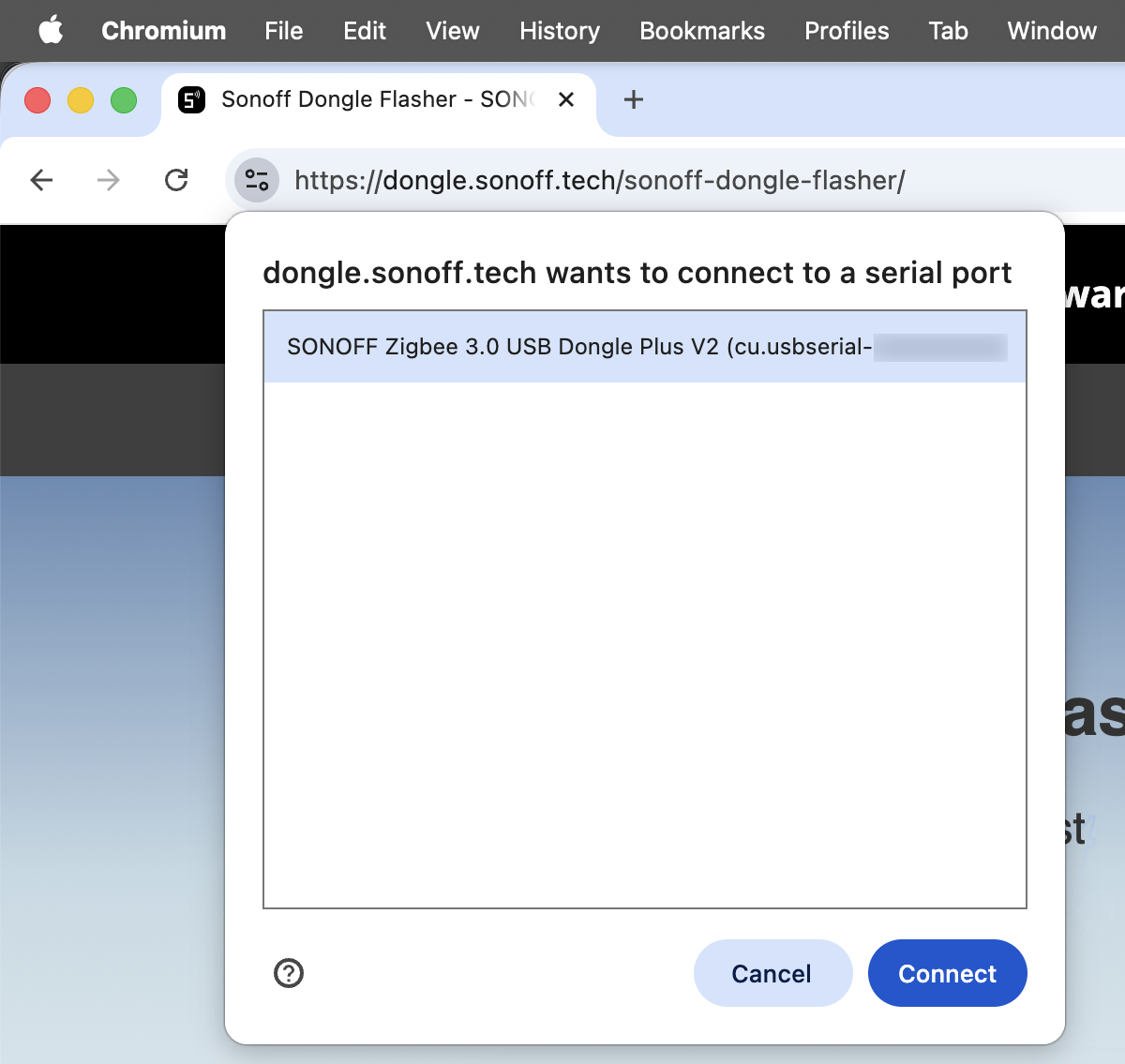 SONOFF Dongle Flasher, prompt for connecting to a serial port