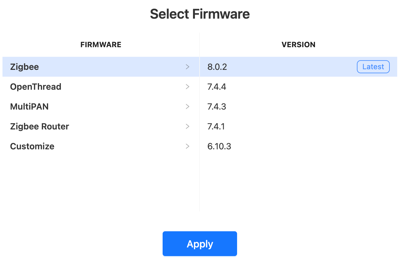 SONOFF Dongle Flasher, selecting firmware