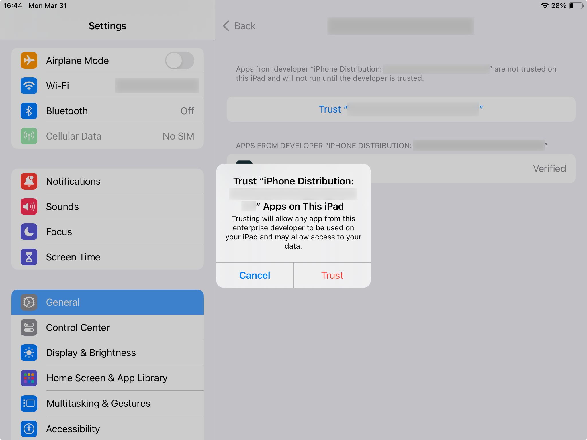 Enterprise applications in iPad settings, trust confirmation