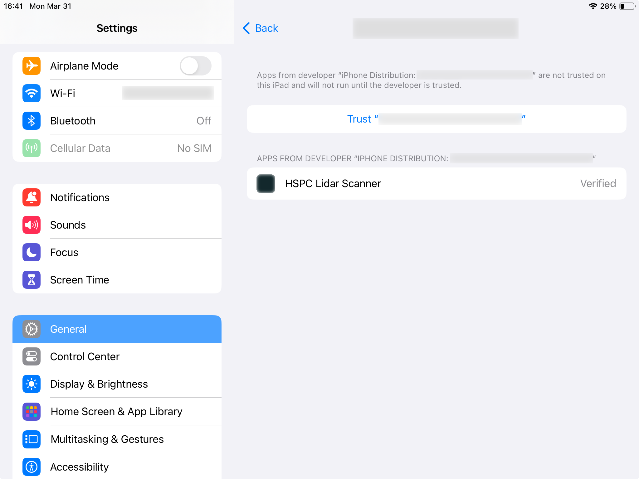 Enterprise applications in iPad settings, trusting button