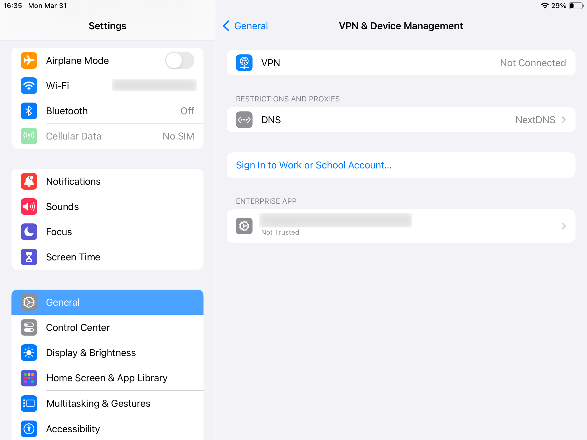 Enterprise applications in iPad settings