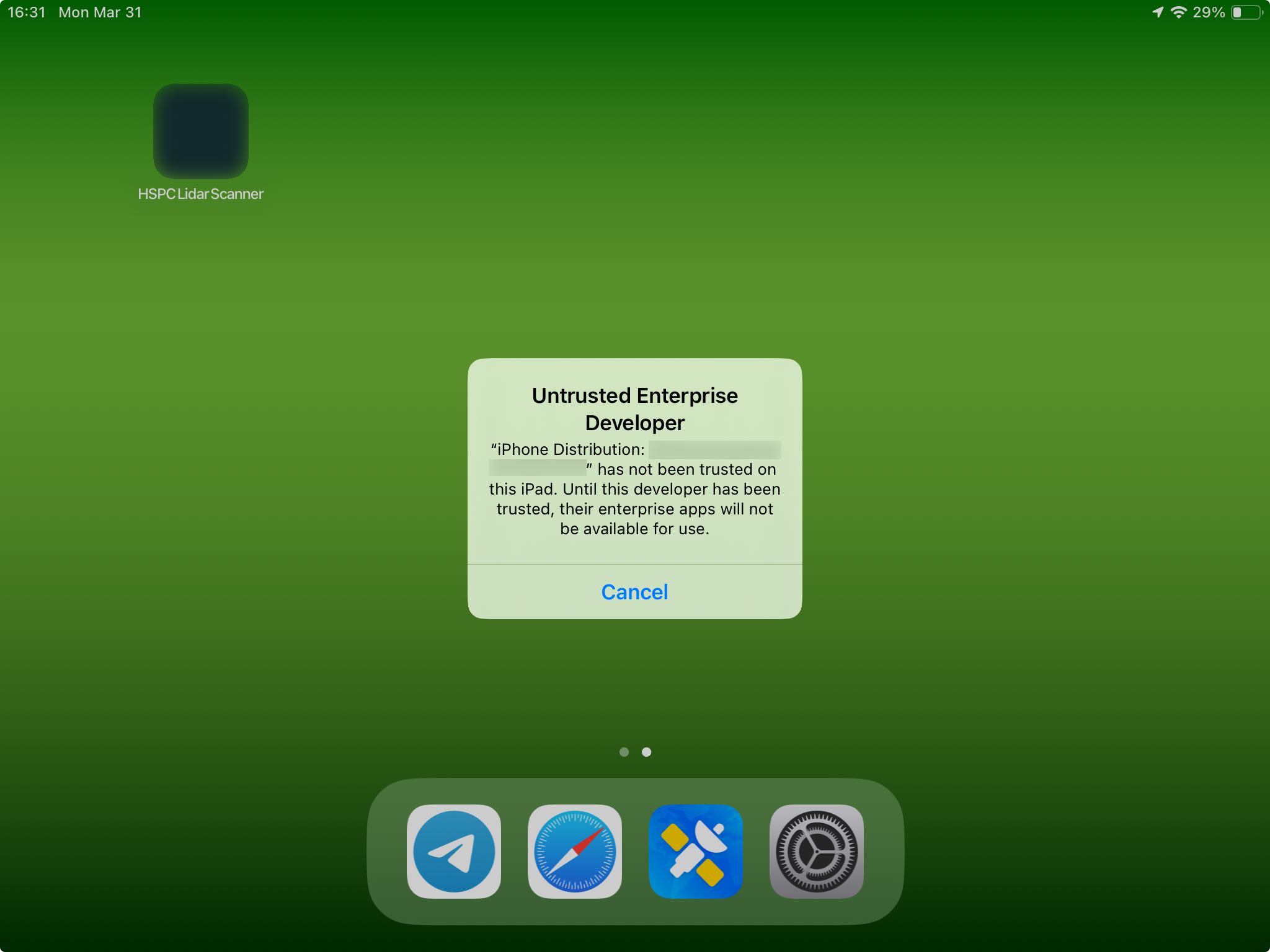 Trying to launch iOS application, untrusted enterprise developer