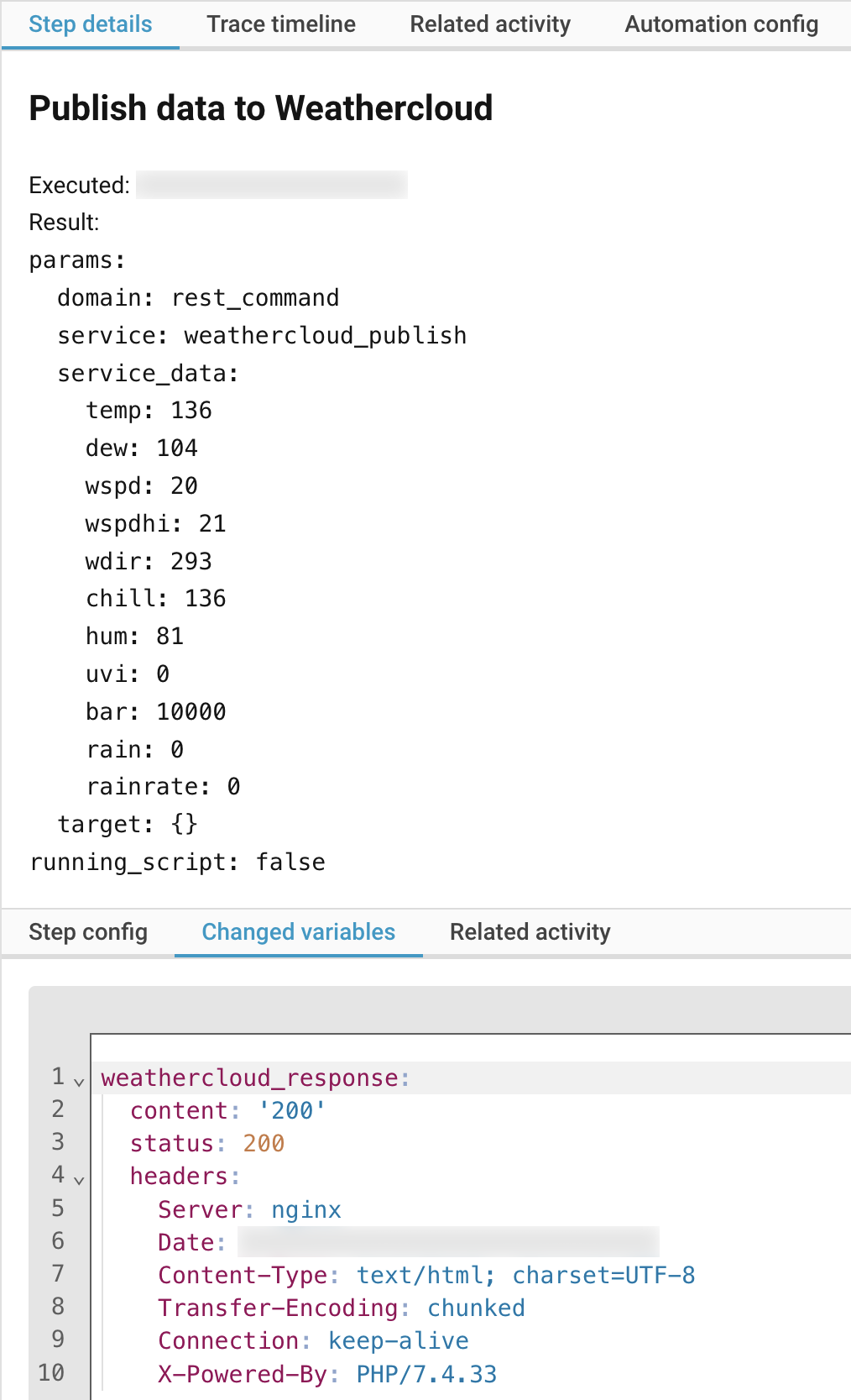 Home Assistant, automation traces for Weathercloud