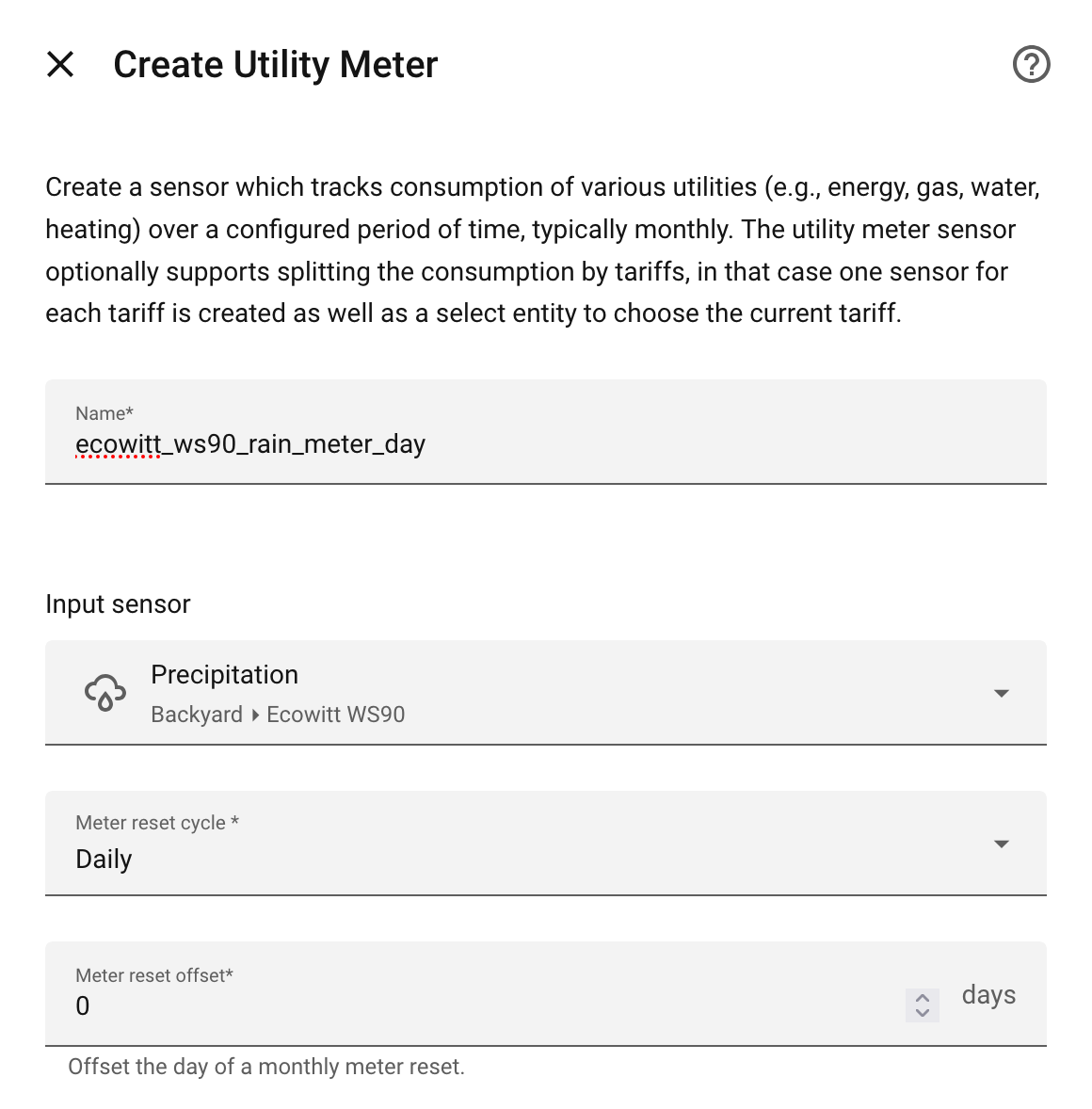 Home Assistant, utility meter for daily precipitation