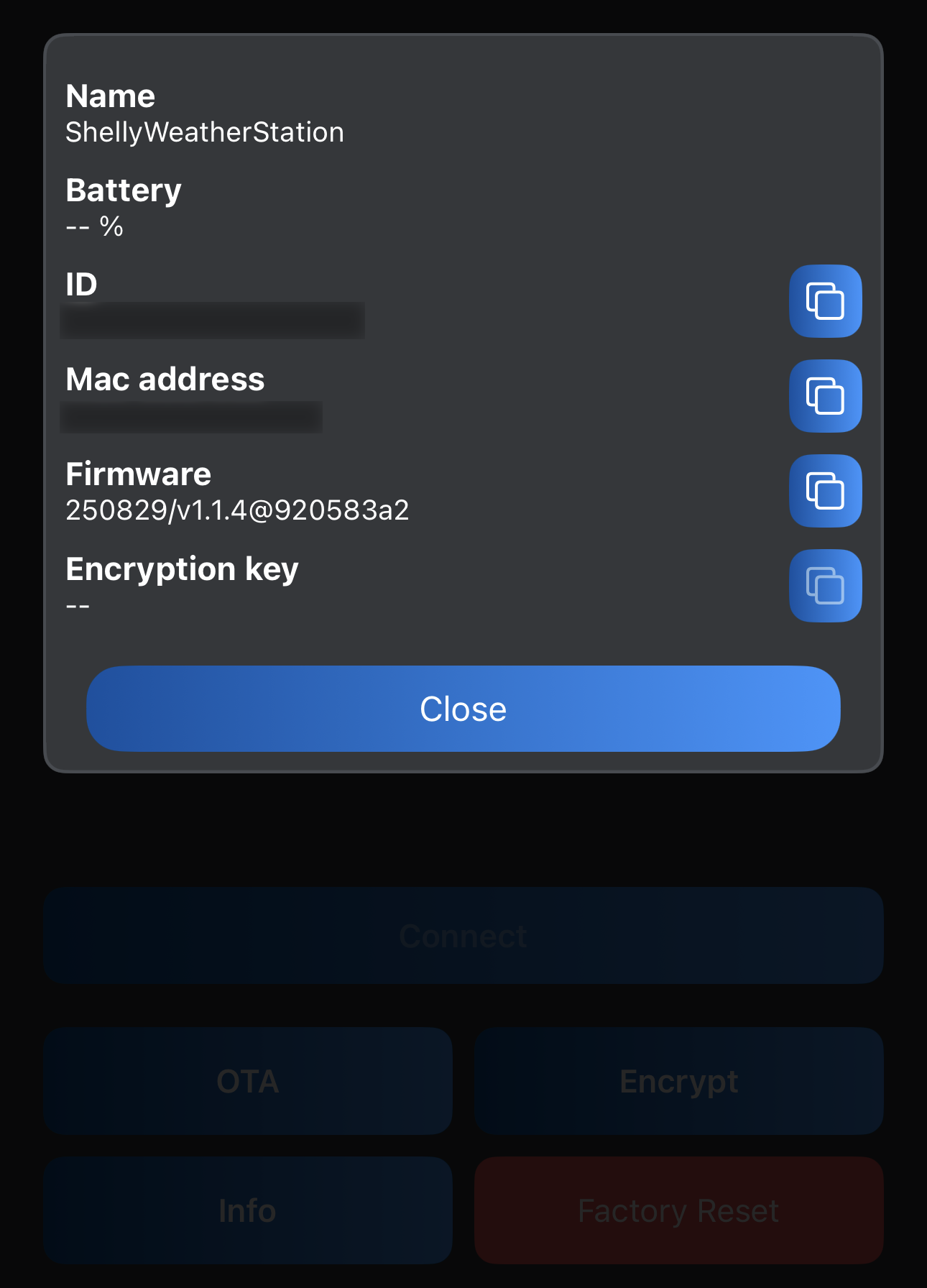 Shelly BLE Debug, device information
