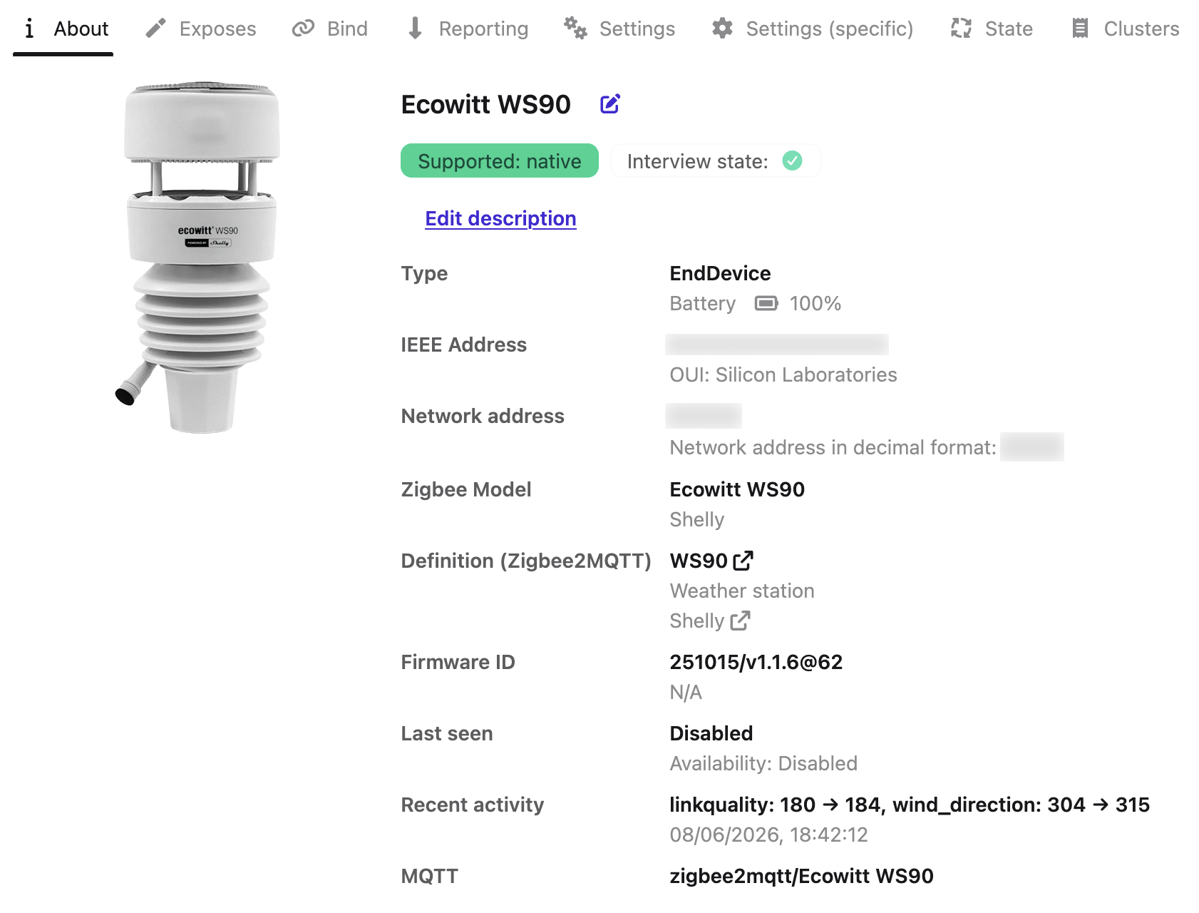 Ecowitt WS90 powered by Shelly, added to Zigbee2MQTT